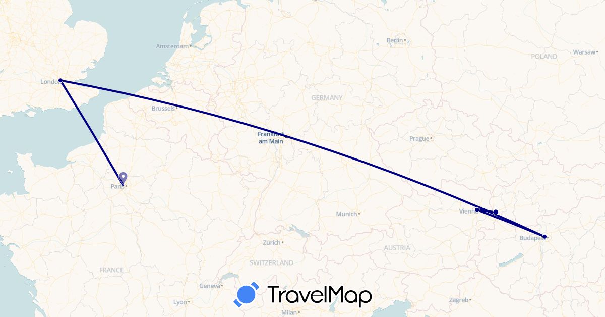 TravelMap itinerary: driving in Austria, France, United Kingdom, Hungary, Slovakia (Europe)